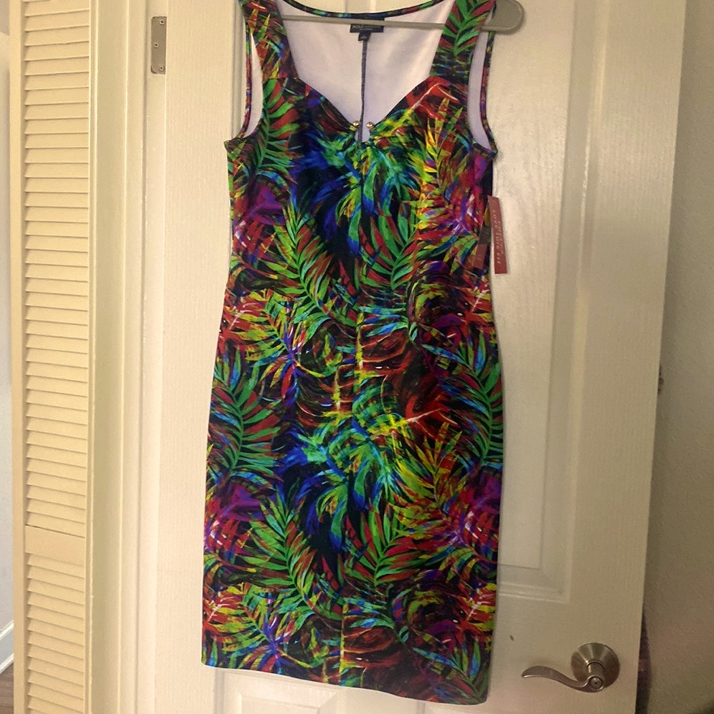 Colorful stretchy dress that hugs the figure. Great for curvy types.